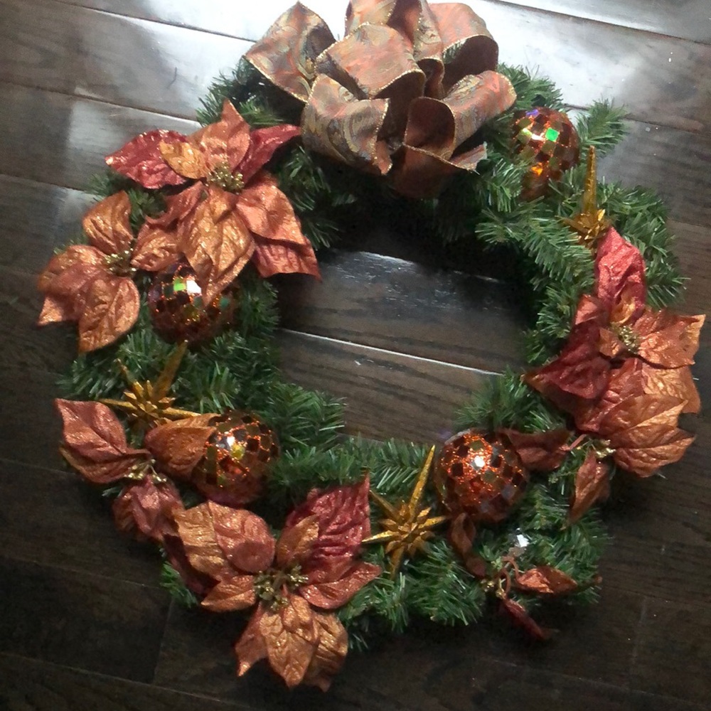 Artificial Poinsettia wreath copper/gold orange ornaments. Beautiful!